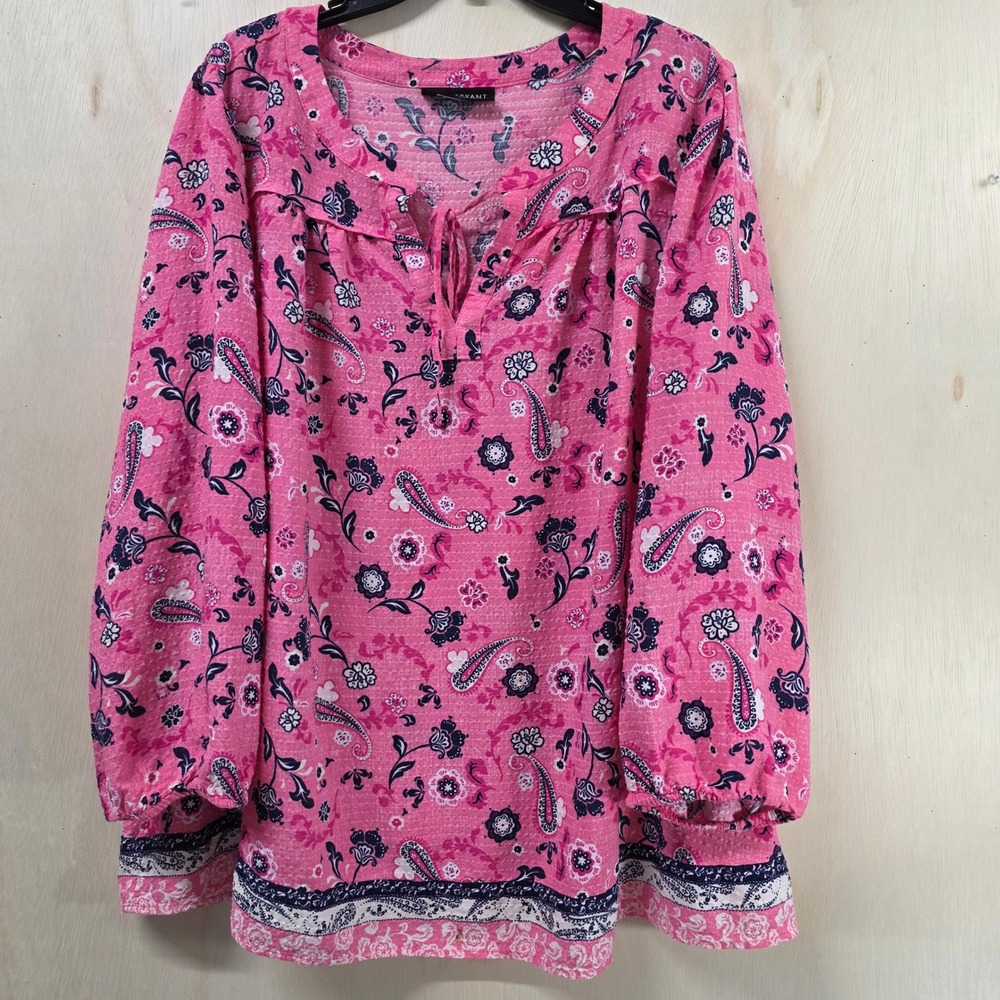 Lane Bryant Pink Paisley Floral Split Neck Peasant Blouse Plus Size 22 Balloon